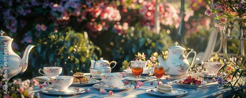 Panel kuchenny z motywem Summer garden tea party with floral decor, elegant settings and tea delights, 4K hyperrealistic photo.
