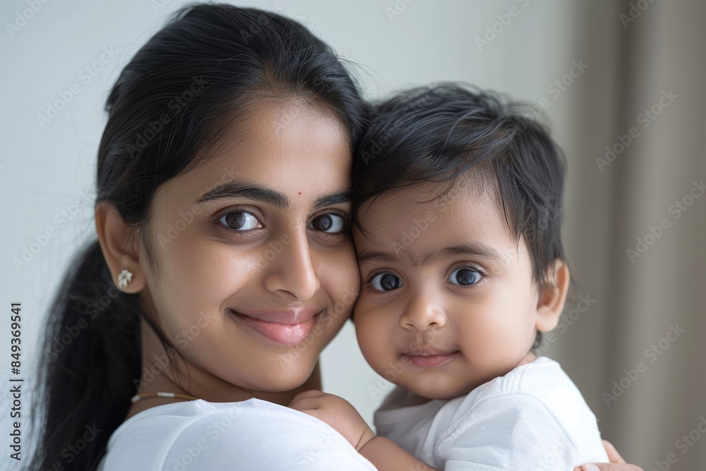 A blissfully smiling Indian mother cradles a baby boy in a white T-shirt, grey top and jeans at home. White background, white walls A blissfully smiling Indian mother cradles a baby boy in a white T-shirt, grey top and jeans at home. White background, white walls