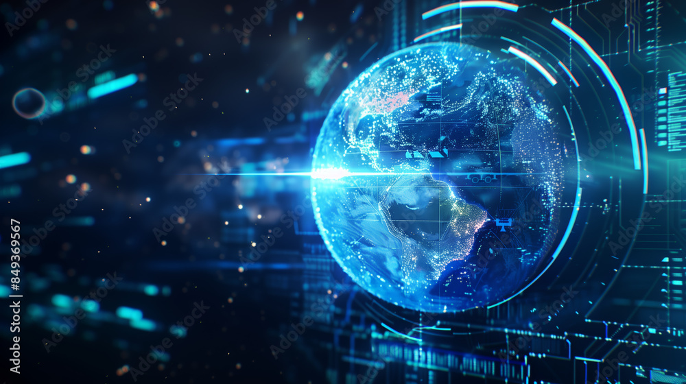 A futuristic representation of Earth encased in a digital network, set in cyberspace with glowing blue tones and geometric patterns, highlighting the interconnected world. A futuristic representation of Earth encased in a digital network, set in cyberspace with glowing blue tones and geometric patterns, highlighting the interconnected world.