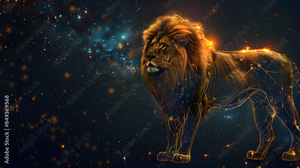 Naklejka premium Zodiac Leo concept, digital artwork of a majestic lion intertwined with a constellation of stars in a cosmic space, with empty copy space.