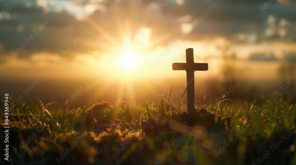 Silhouette christian cross on grass at sunrise background with miracle bright lighting, religion and worship concept Silhouette christian cross on grass at sunrise background with miracle bright lighting, religion and worship concept