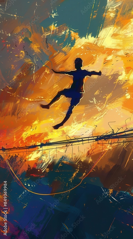 Naklejka premium Digital painting of a person leaping over obstacles towards a finish line, symbolizing overcoming challenges to achieve success