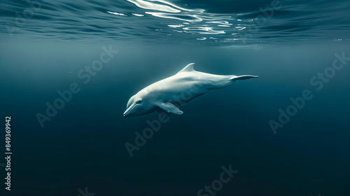 A solitary beluga whale swimming serenely amidst a vast expanse of ocean, with copy space for text to emphasize its magnificence. © Arma