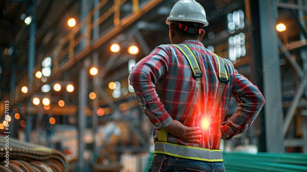 Construction worker experiencing back pain in an industrial warehouse, reflecting the physical challenges in labor-intensive occupations. Construction worker experiencing back pain in an industrial warehouse, reflecting the physical challenges in labor-intensive occupations.