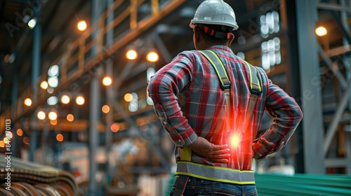 Construction worker experiencing back pain in an industrial warehouse, reflecting the physical challenges in labor-intensive occupations.