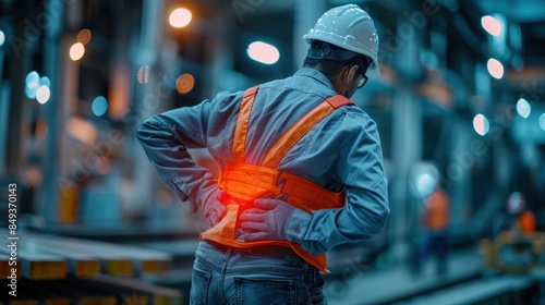 Factory worker with a safety helmet and vest experiencing back pain while working, symbolizing workplace safety and health concerns.