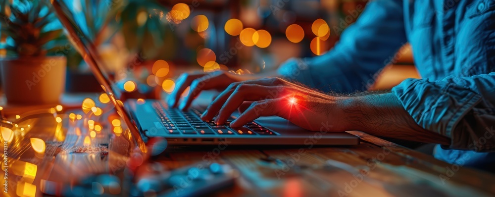 Fototapeta premium hand and wrist pain syndrome, long-term computer use. hand in pain with red highlight indicating discomfort.