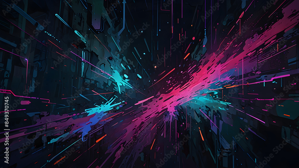 Fototapeta premium abstract background features bold splashes neon colors, arranged chaotically yet harmoniously, with ample central copy space for text or logos