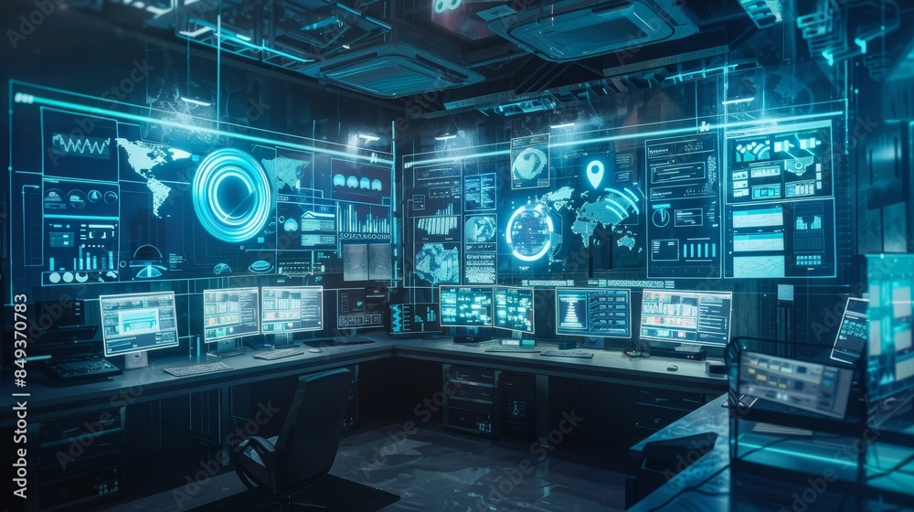 High-Tech Futuristic Workspace with Multiple Screens and Glowing Transparent Cables for Tech Enthusiasts High-Tech Futuristic Workspace with Multiple Screens and Glowing Transparent Cables for Tech Enthusiasts