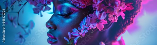 Close-up of woman's face with pink flowers in hair, vibrant lighting, artistic makeup and serene expression. photo