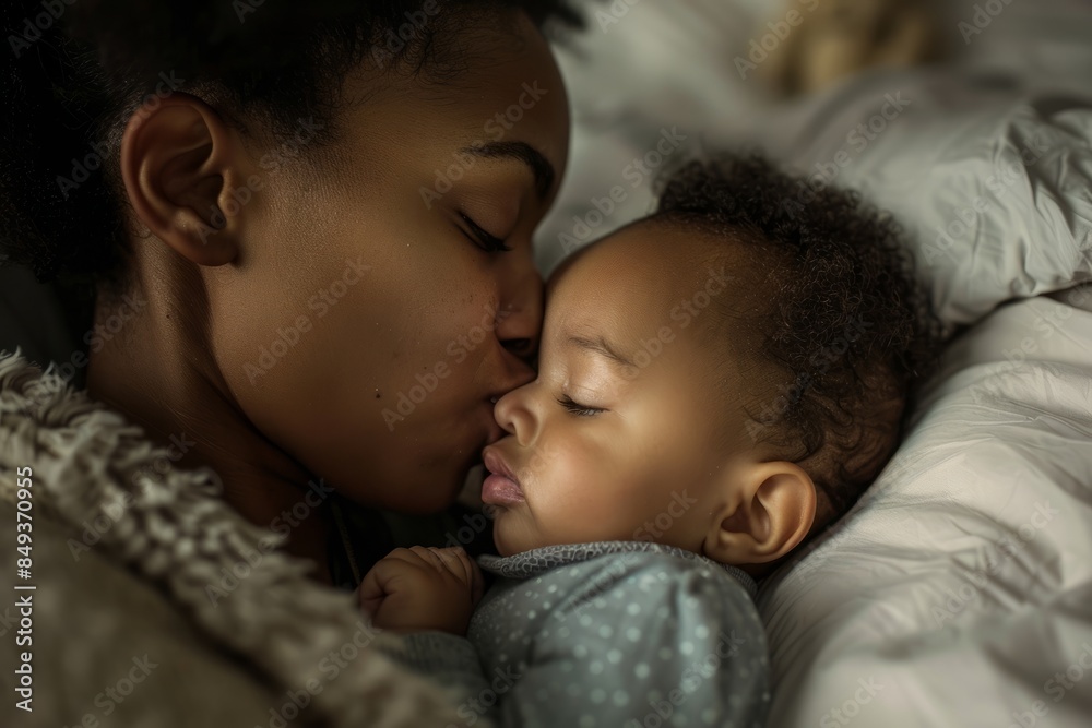 A blissfully smiling Indian mother cradles a baby boy in a white T-shirt, grey top and jeans at home. White background, white walls A blissfully smiling Indian mother cradles a baby boy in a white T-shirt, grey top and jeans at home. White background, white walls