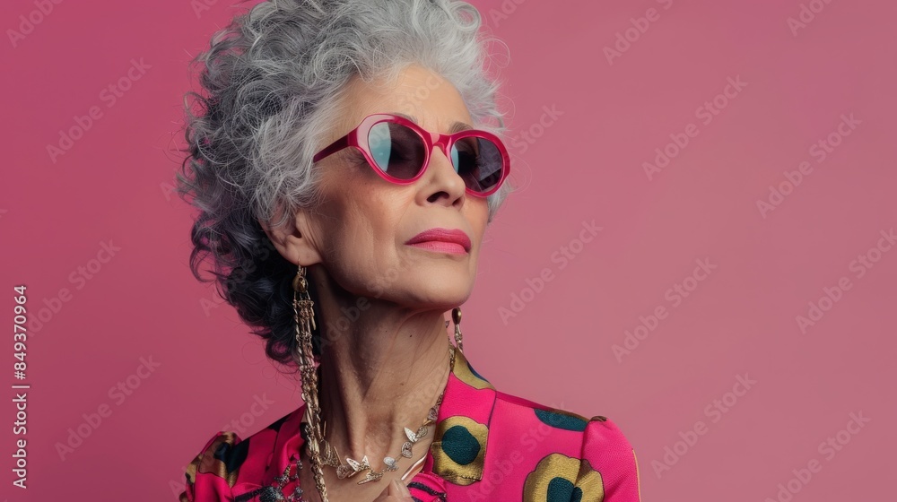 Colourful studio portrait of a beautiful senior grey haired female model wearing sunglasses with natural hair Colourful studio portrait of a beautiful senior grey haired female model wearing sunglasses with natural hair