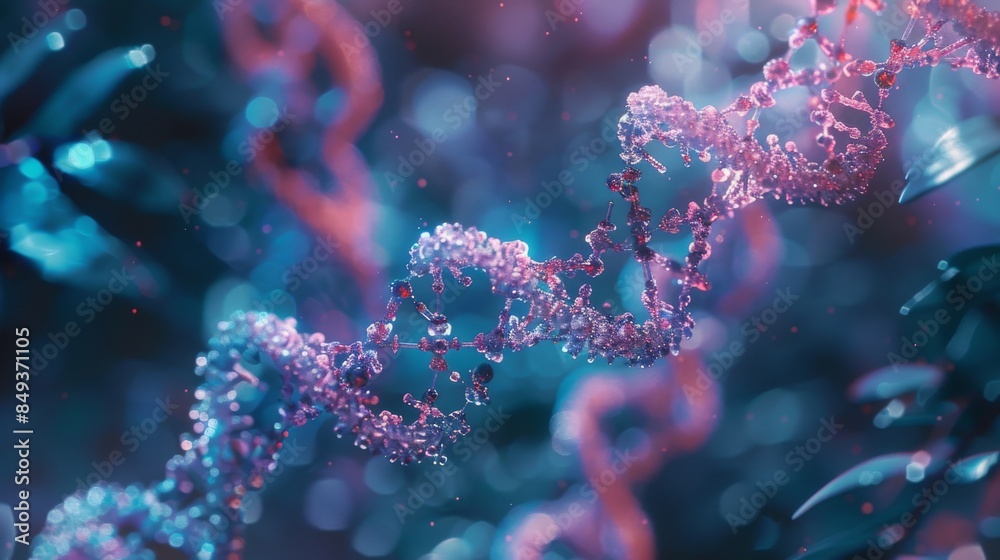Close-up view of colorful DNA helix with vibrant bubbles, representing genetics and molecular biology in a scientific concept. Close-up view of colorful DNA helix with vibrant bubbles, representing genetics and molecular biology in a scientific concept.