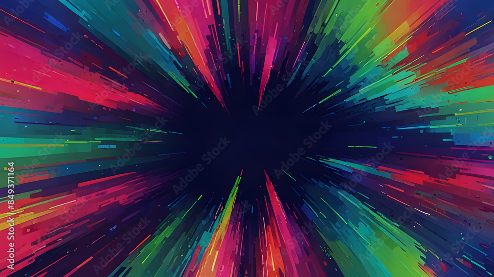 Obraz premium abstract background includes vibrant, pixelated patterns in electric blue, neon pink, and bright green, with a large central area of copy space for text or design elements