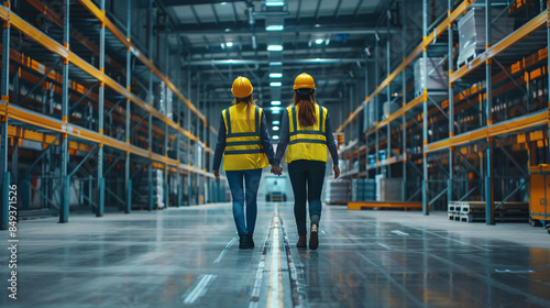 Two warehouse employees in safety gear walk down the aisle of a modern warehouse