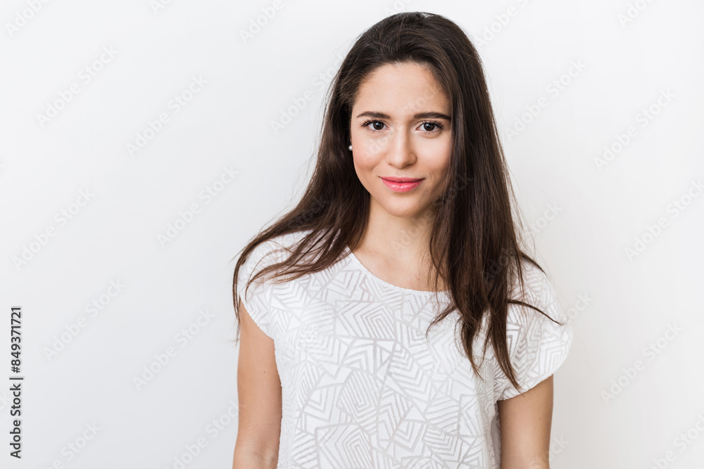 close up portrait of stylish young pretty woman smiling in white t-shirt, isolated, natural look, long brown hair close up portrait of stylish young pretty woman smiling in white t-shirt, isolated, natural look, long brown hair