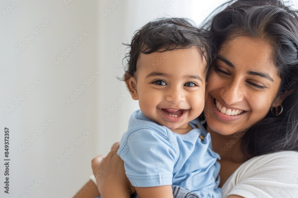 A blissfully smiling Indian mother cradles a baby boy in a white T-shirt, grey top and jeans at home. White background, white walls A blissfully smiling Indian mother cradles a baby boy in a white T-shirt, grey top and jeans at home. White background, white walls