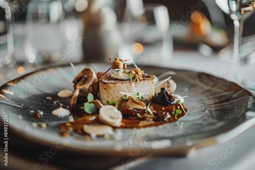 Gourmet Vegan Dish with Assorted Mushrooms in Elegant Fine Dining Setting
