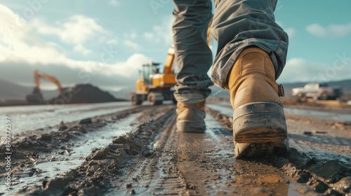 A seasoned road construction engineer,firmly secured, meticulously inspects the progress of expressway construction site, carefully traversing the terrain on foot to assess the quality and adherence  © Sittipol 