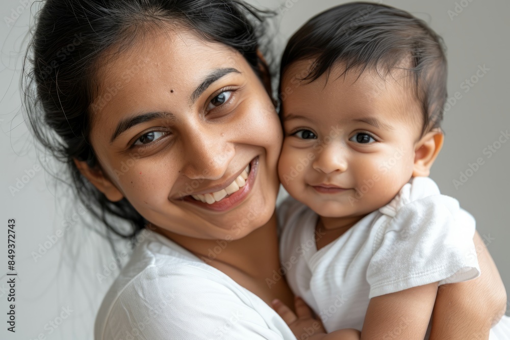 A blissfully smiling Indian mother cradles a baby boy in a white T-shirt, grey top and jeans at home. White background, white walls A blissfully smiling Indian mother cradles a baby boy in a white T-shirt, grey top and jeans at home. White background, white walls