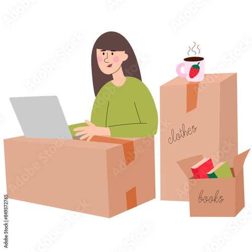 Woman moved to a new house and works on boxes. Freelance worker at laptop computer on cardboard boxes.People move and pack things into boxes. 