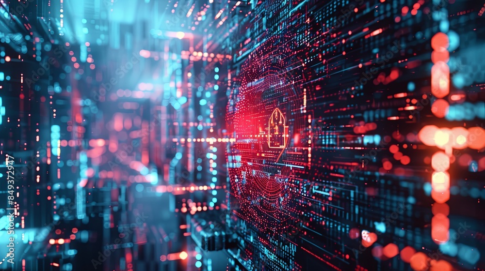 Fototapeta premium A digital rendering depicting a futuristic cybersecurity network with AI-powered locks, shields, and network nodes. Generative AI
