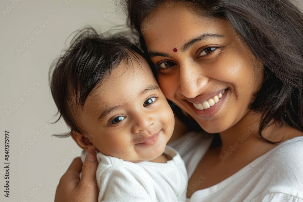 A blissfully smiling Indian mother cradles a baby boy in a white T-shirt, grey top and jeans at home. White background, white walls A blissfully smiling Indian mother cradles a baby boy in a white T-shirt, grey top and jeans at home. White background, white walls