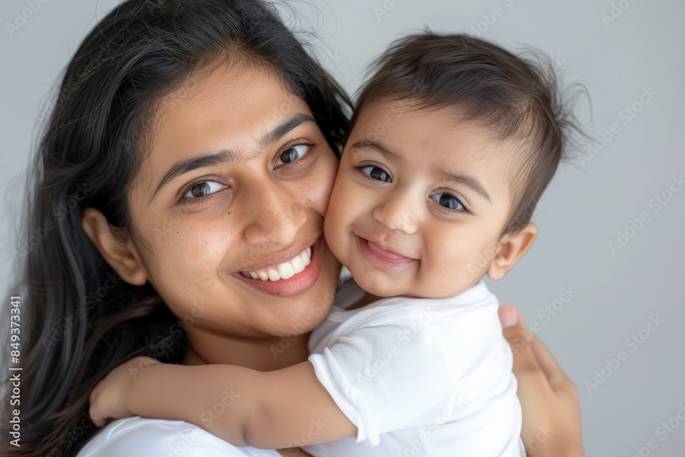 A blissfully smiling Indian mother cradles a baby boy in a white T-shirt, grey top and jeans at home. White background, white walls A blissfully smiling Indian mother cradles a baby boy in a white T-shirt, grey top and jeans at home. White background, white walls