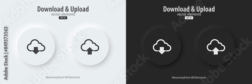 Download and Upload icon. A set of black and white round buttons with symbols. 3D icon in trendy neumorphic style for apps, websites, and interfaces. UI UX elements. Vector illustration.