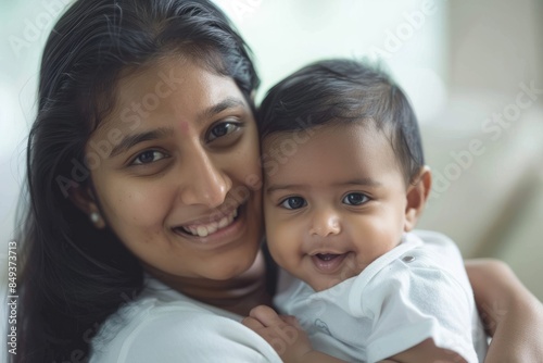 A blissfully smiling Indian mother cradles a baby boy in a white T-shirt, grey top and jeans at home. White background, white walls