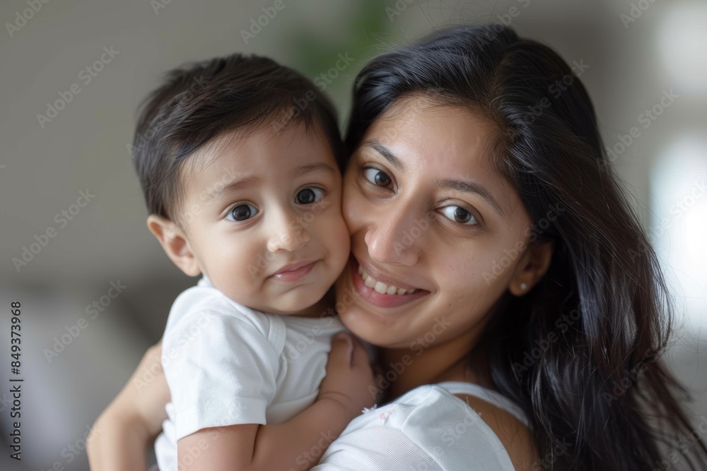 A blissfully smiling Indian mother cradles a baby boy in a white T-shirt, grey top and jeans at home. White background, white walls A blissfully smiling Indian mother cradles a baby boy in a white T-shirt, grey top and jeans at home. White background, white walls
