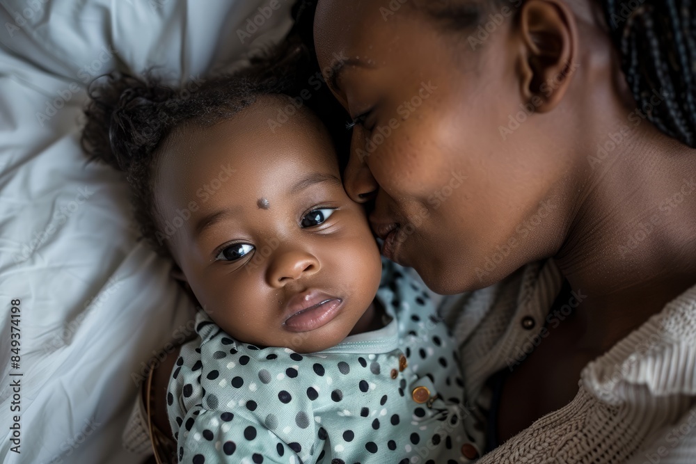 A blissfully smiling Indian mother cradles a baby boy in a white T-shirt, grey top and jeans at home. White background, white walls A blissfully smiling Indian mother cradles a baby boy in a white T-shirt, grey top and jeans at home. White background, white walls