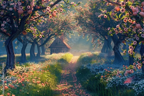 An enchanting apple orchard, depicted with precise lines to showcase rows of fruit-laden trees and a cozy cottage tucked away amidst the blossoms, evoking the essence of rural life photo