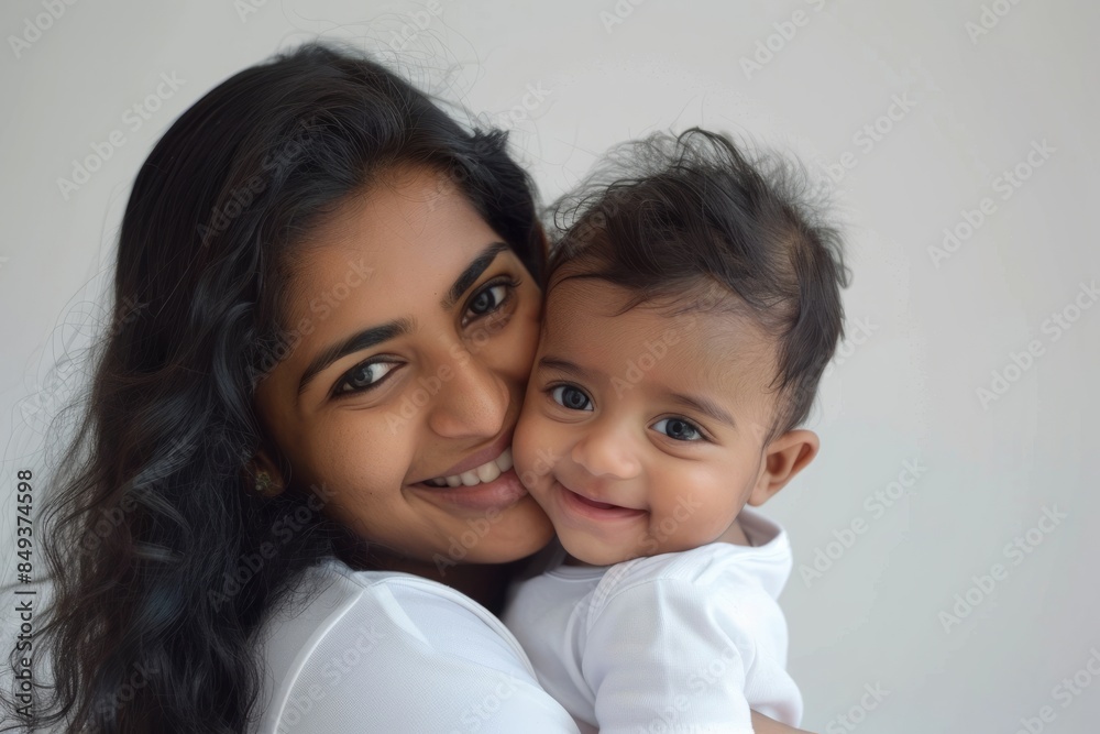 A blissfully smiling Indian mother cradles a baby boy in a white T-shirt, grey top and jeans at home. White background, white walls A blissfully smiling Indian mother cradles a baby boy in a white T-shirt, grey top and jeans at home. White background, white walls