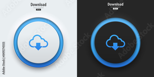 3D Download icon. A set of black and white round buttons with Download symbols. Icon in trendy neumorphic style. Neumorphism design style for apps, websites, and interfaces. Vector Illustration.