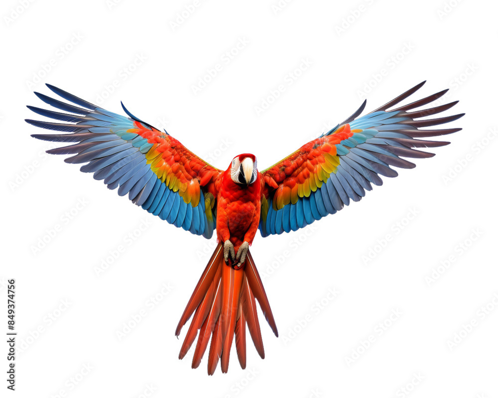 A vivid scarlet macaw in flight with wings fully spread, showcasing its bright red, yellow, and blue plumage against a white background. A vivid scarlet macaw in flight with wings fully spread, showcasing its bright red, yellow, and blue plumage against a white background.