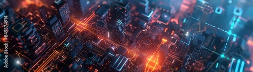 Futuristic cityscape at night with glowing lights and neon colors. High-tech urban scene showcasing modern architecture and digital technology.