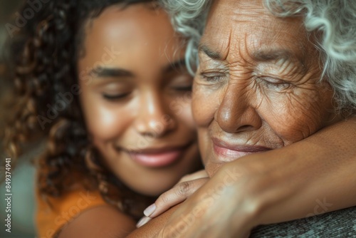 Close-up of a young Black woman embracing her elderly Caucasian grandmother, both displaying affectionate smiles. © evgenia_lo