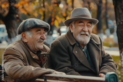 Two retired elderly men sitting on a park bench and having fun 