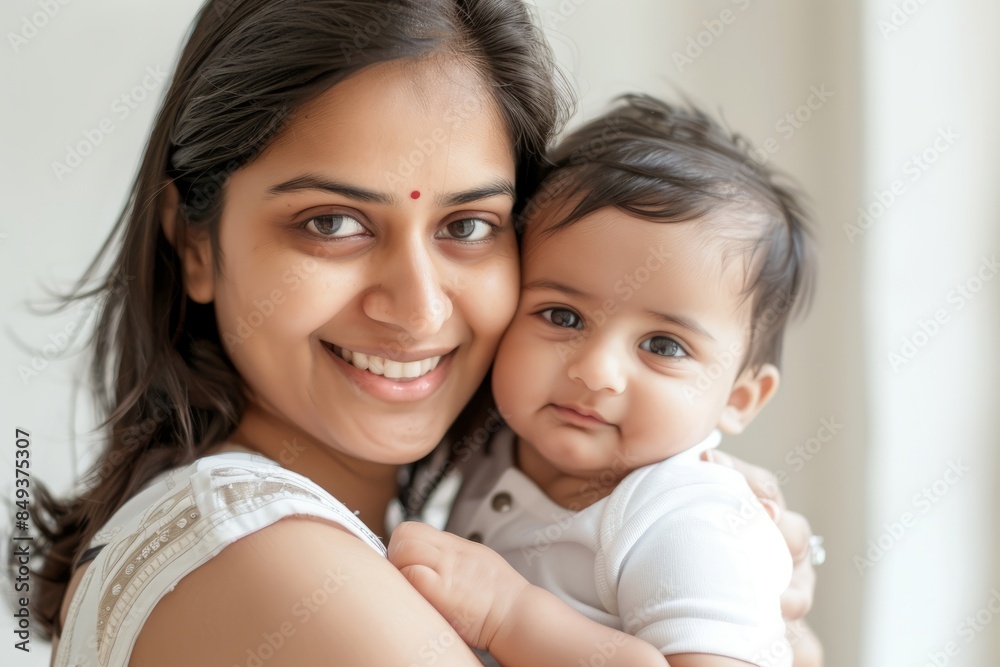 A blissfully smiling Indian mother cradles a baby boy in a white T-shirt, grey top and jeans at home. White background, white walls A blissfully smiling Indian mother cradles a baby boy in a white T-shirt, grey top and jeans at home. White background, white walls