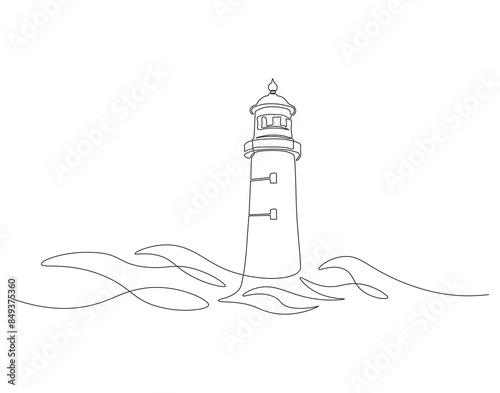 Continuous one line drawing of lighthouse tower on the ocean. One line drawing illustration of lighthouse tower. Searchlight concept continuous line art. Editable outline.