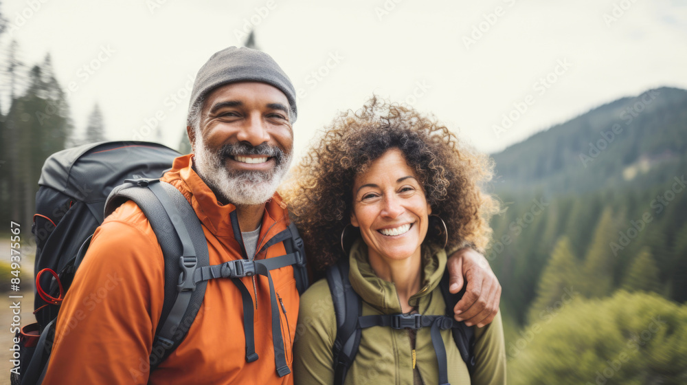 Middle aged couple walking on forest path with backpacks in summer Middle aged couple walking on forest path with backpacks in summer