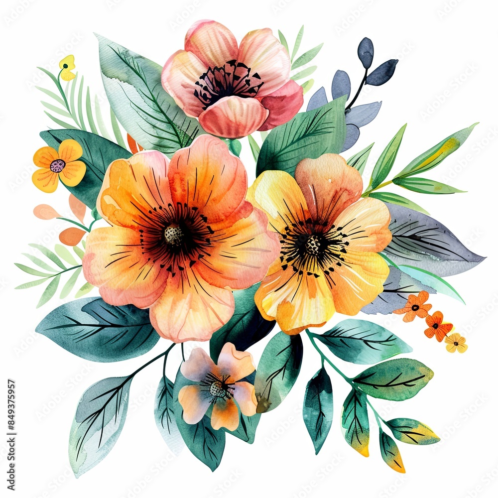 watercolor clipart flowers with leaves on white background