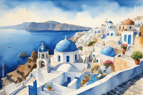 watercolor landscape of Santorini, Greece © Magic Art