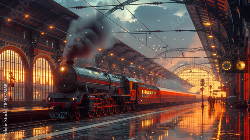 Elegant steam train at a beautifully lit station at night, with a nostalgic, vintage atmosphere, Generative AI