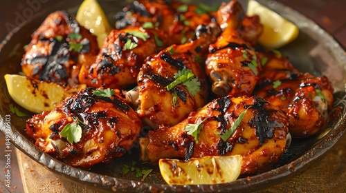 A closeup of Mozambican periperi chicken with a rich, spicy sauce, grilled to perfection, garnished with lemon wedges, served on a rustic plate, warm afternoon light photo