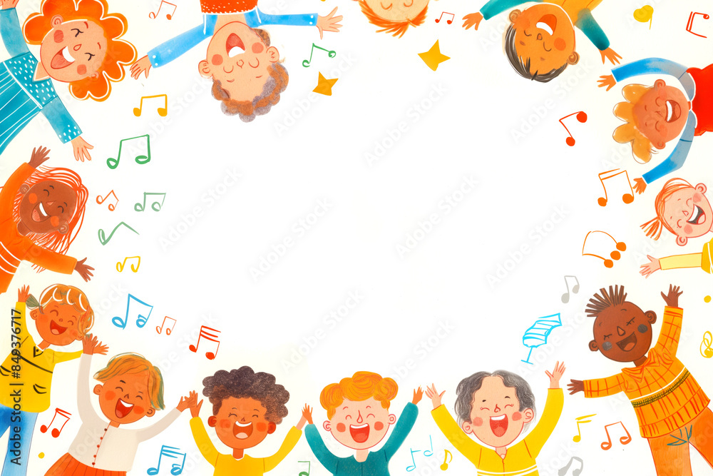 Children choir and Music Notes illustration in a border frame design. Copy space concept Children choir and Music Notes illustration in a border frame design. Copy space concept