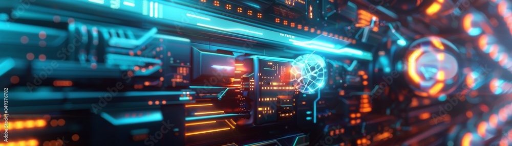 Futuristic digital technology interface with glowing holograms and lights in a high-tech setting, perfect for innovation and technology concepts. Futuristic digital technology interface with glowing holograms and lights in a high-tech setting, perfect for innovation and technology concepts.