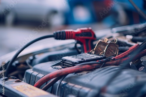 Car Battery Jump Start Service with Connected Cables Ready to Start Engine - Automotive Assistance Concept