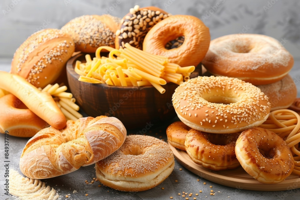 Delicious assortment of baked goods and pasta on a table Delicious assortment of baked goods and pasta on a table